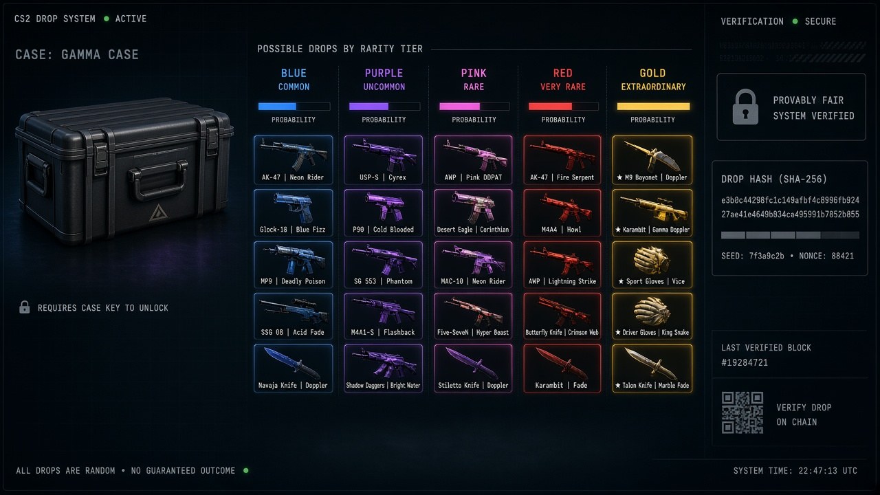 CS2 case drop tiers and fairness verification visual